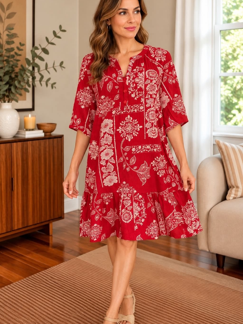 Boho Patchwork Red Mini Dress with Ruffle Hem